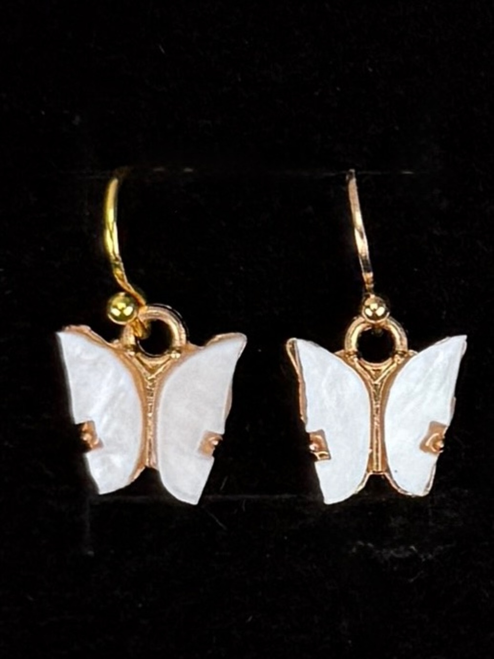 Vintage White Butterfly Drop Earrings Gold Tone Fish Hook